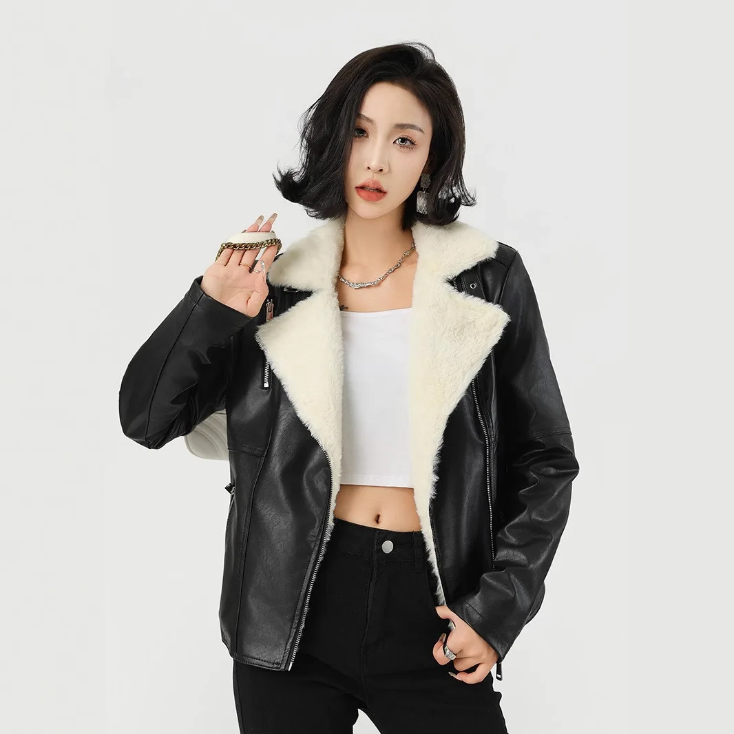 Women's Black Faux Leather Moto Jacket with Beige Faux Fur Lining Warm Cool Winter Outerwear 2026