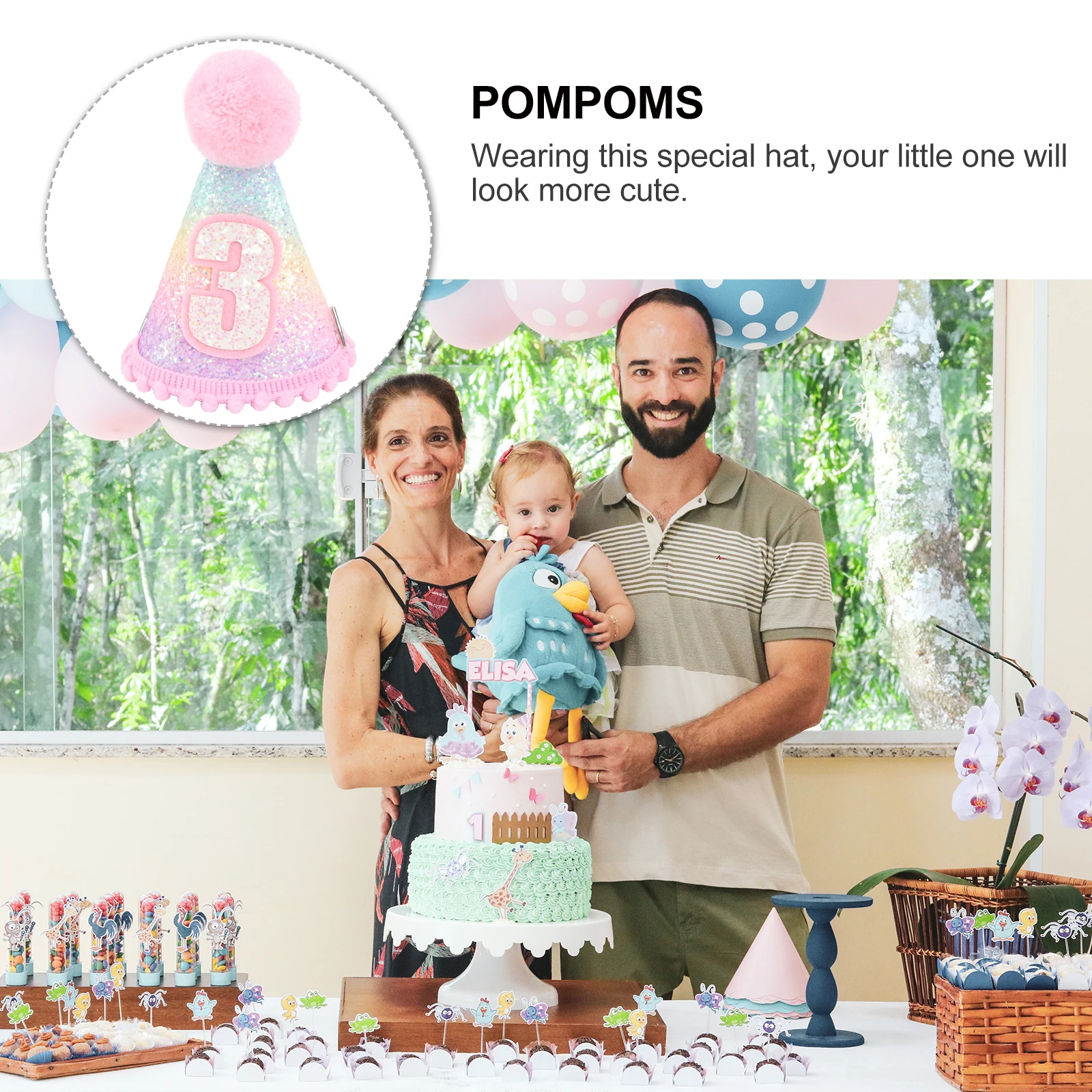 

Rainbow Birthday Glitter Cloth Pompom Design Party Hat Baby Birthday Hat Toddler Kids Supplies Photo Gifts