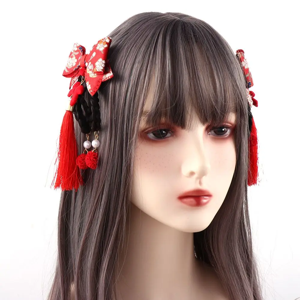Bonito ano novo festivo estilo chinês borla hanfu cocar tang terno arco hairpin clipe lateral acessórios para o cabelo peruca trança hairpin