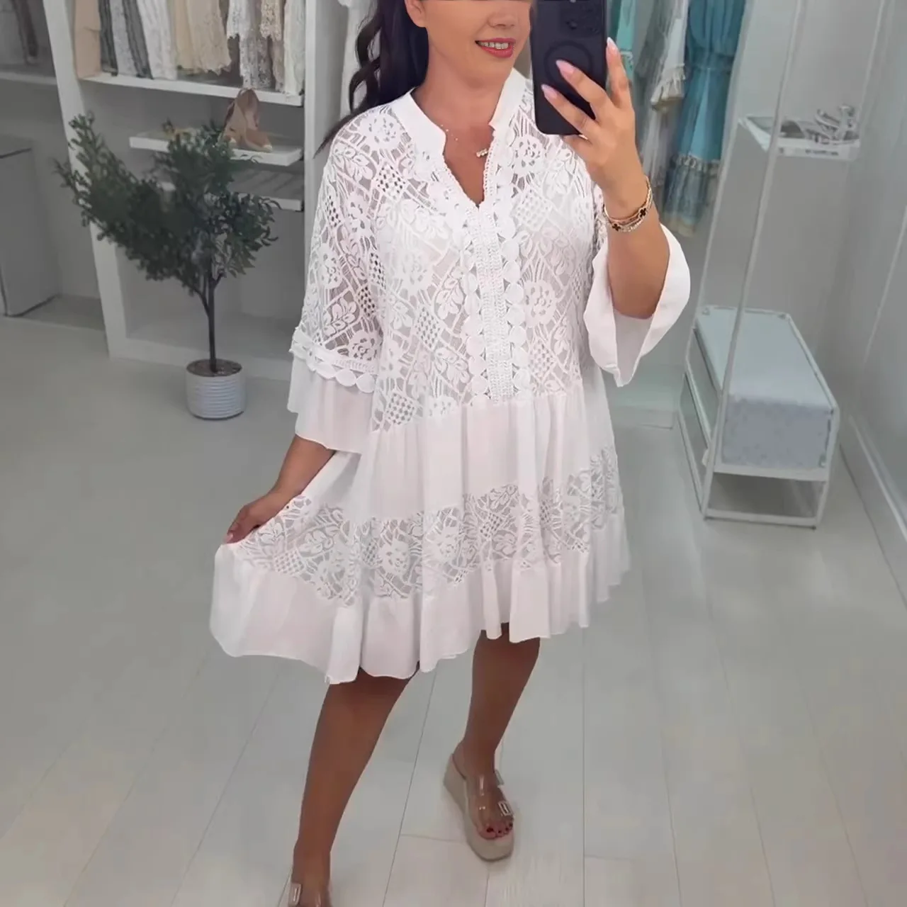 

Летнее платье 2026 года с круглым вырезом и ажурным узором, свободного кроя, для женщин больших размеров, элегантное платье-рубашка (Vestido)