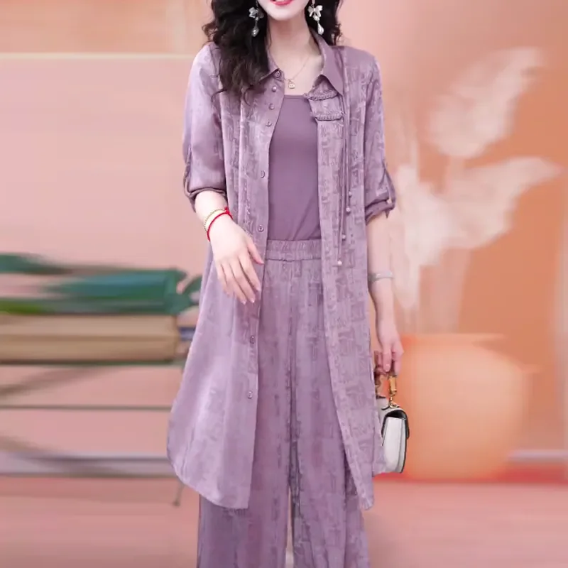 

Chic Casual Long Three-Piece Set Women 2024 Spring Autumn Elegant Print Button Thin Cardigan Jacket Wide-Leg Pants Two-Piece Set