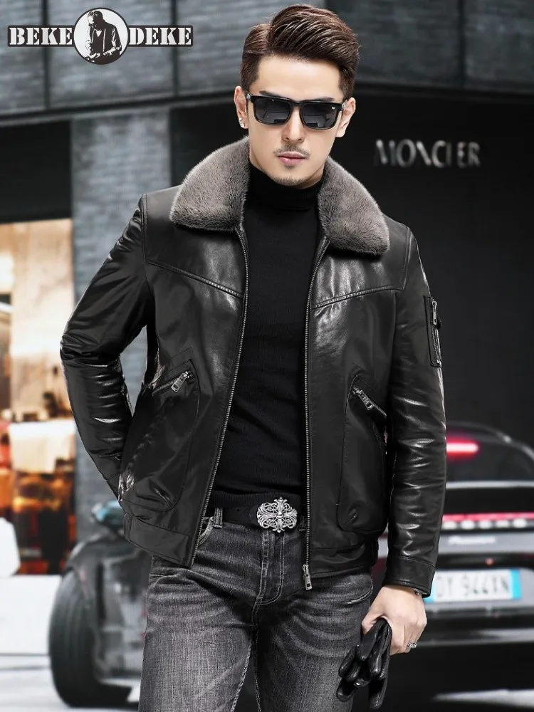 Winter Genuine Leather Mens Down Coat Mink Fur Collar Fashion Motorcycle Short Jacket Male Punk Sheepskin Outerwear Size 5XL