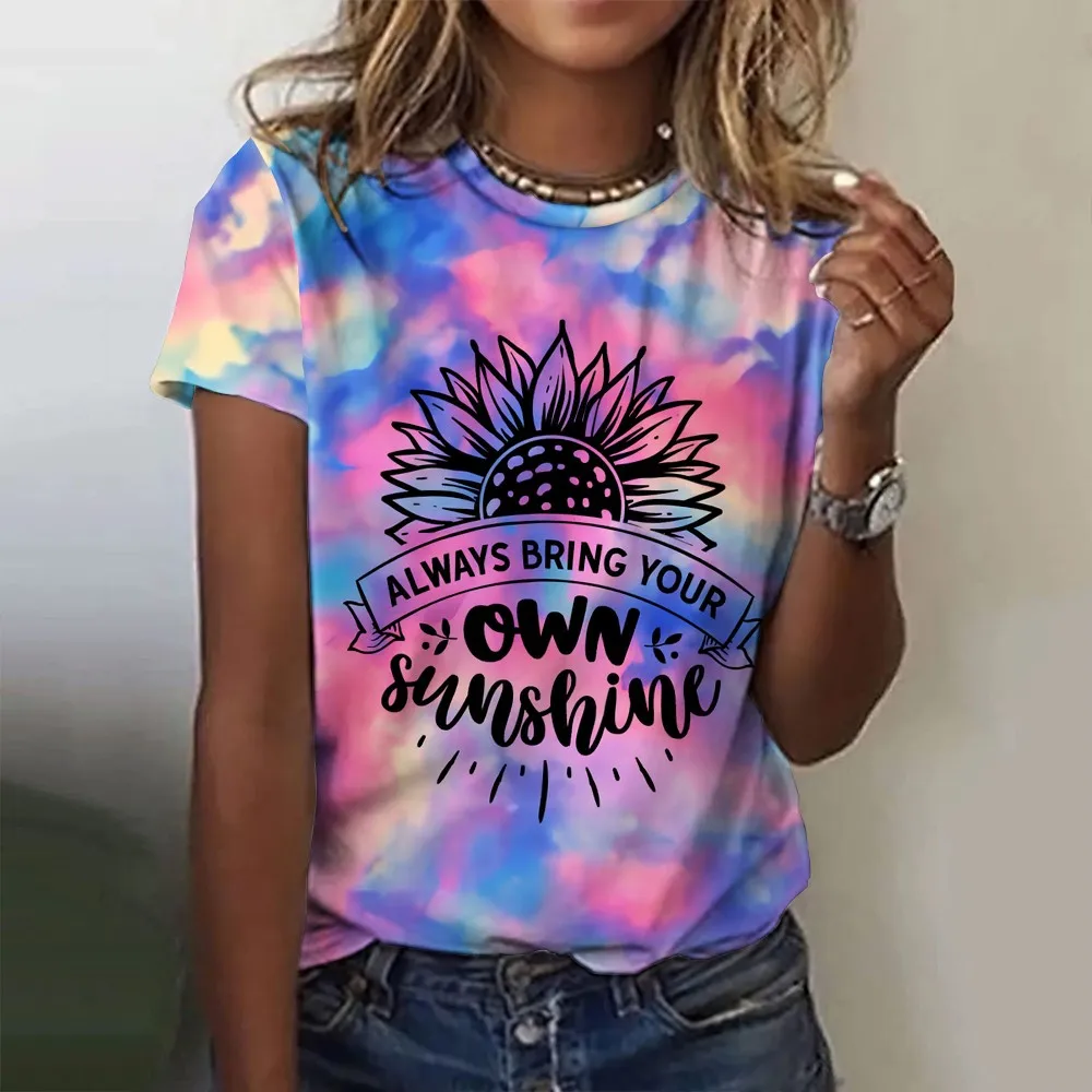 Summer Gradient Letter 3D Print T-shirts Women Streetwear Casual Fashion Y2k Short Sleeve T Shirt O-neck Tees Tops Clothing