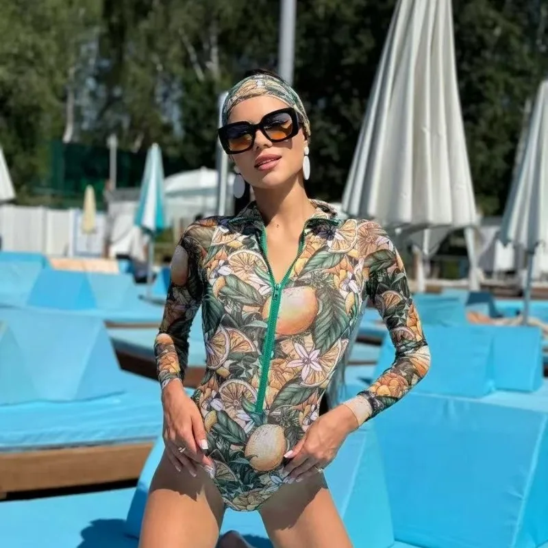 2026 New Arrival One Piece Swim Suit Women Bathing Suit Sunscreen Bikini Long Sleeve Swimwear with Headband