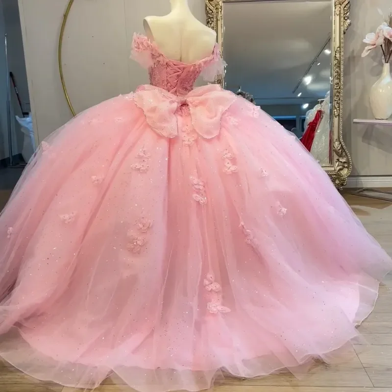 Pink Beading Shiny Ball Gown Quinceanera Dresses Off Shoulder Princess Big Bow Lace Tull Sequin Birthday Party New Arrivals 2024