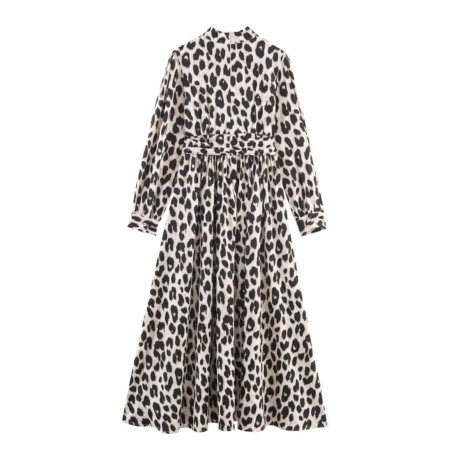 New Vintage Leopard Dot Print Long Puff Sleeve Chiffon Dress Woman Pleated Front Slim High Waist Ankle length Dresses Vestidos