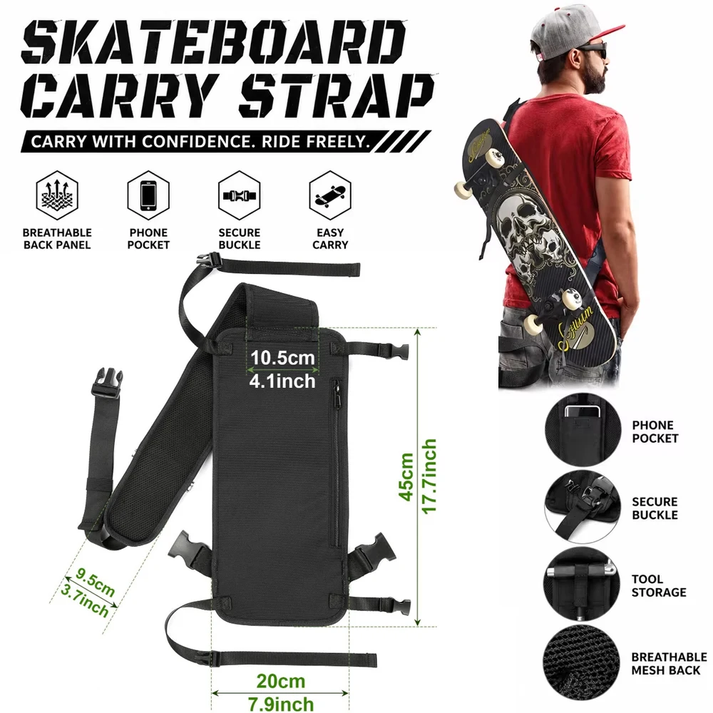 

Skateboard Carry Strap with Hidden Wallet, Adjustable Shoulder Carrier Bag with Phone Pouch & Tool Holder for Longboard
