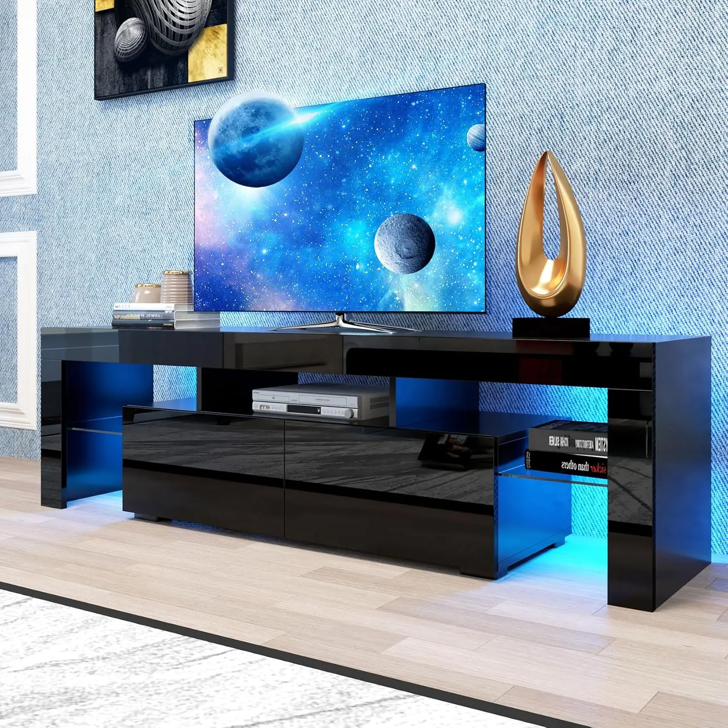 LED TV Stand for 70 Inch TV, Modern Gaming Entertainment Center, High Gloss Media Console with Storage Shelves & 2 Drawers for L