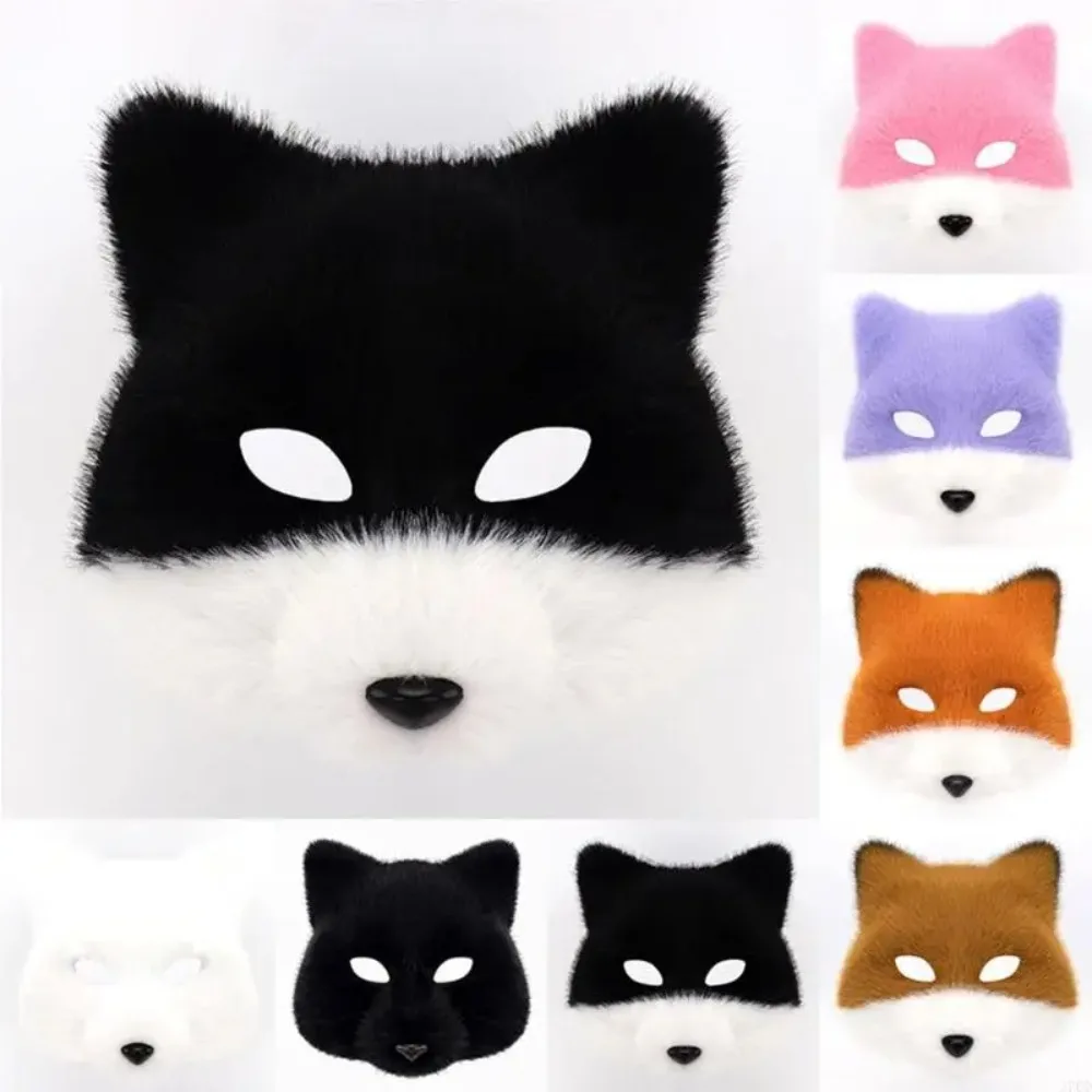 270D Faux Furs Wolf Foxes Mask Plush Cats Half Face Mask Foxes Cats Wolf Cosplay Costume for Masquerades Halloween Christmas