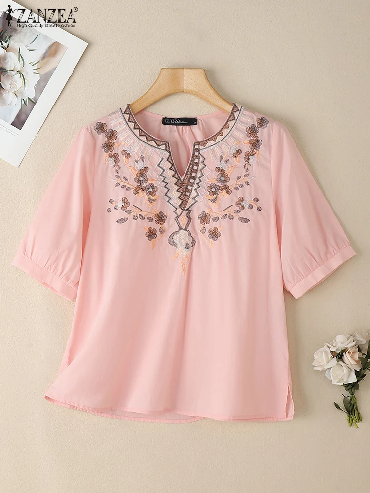 

ZANZEA Summer Embroidery Floral Blouses Women V-Neck Tunic Tops Fashion Half Sleeve Work Shirt Casual Loose Cotton Blusas Femme