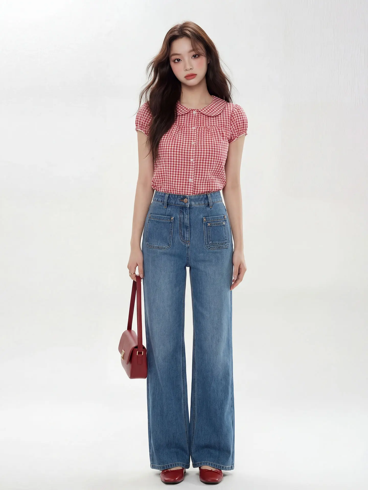 

Женская рубашка Seoul Sweet Sequence в стиле ретро, красная в клетку, с воротником «Питер Пэн», с коротким рукавом, летняя, новая модель, дышащая, удобная, для повседневной носки