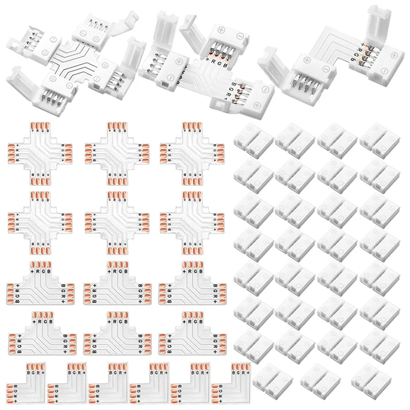 LED Strip Lights Connectors 4-Pin RGB Strip Lights Connectors T-Shape Solderless LED Connectors For 5050 RGB Strip Light