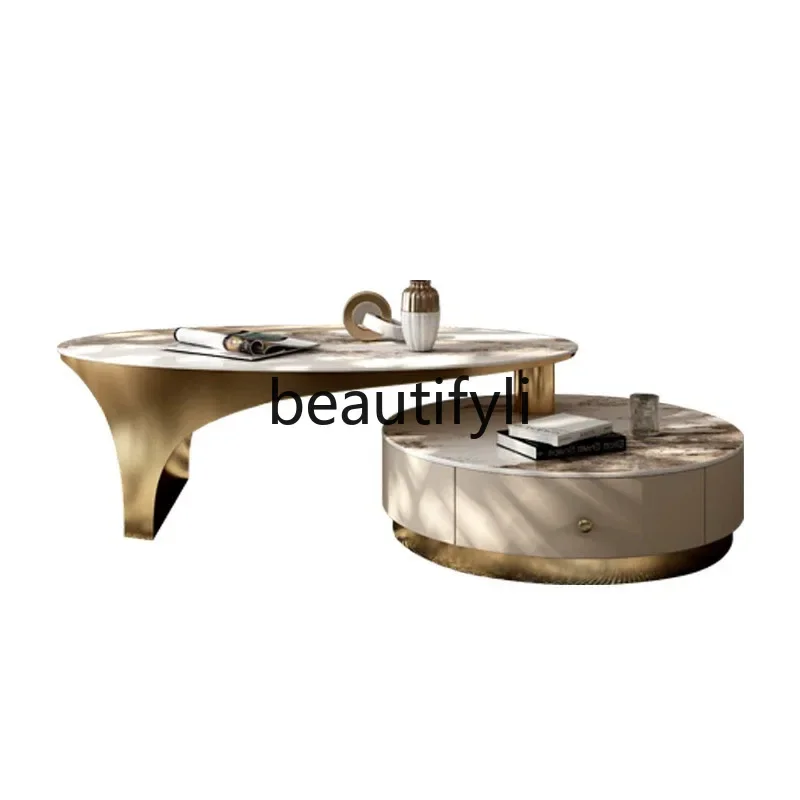 

CC Italian light luxury rock slab coffee table creative designer living room oval coffee table combination