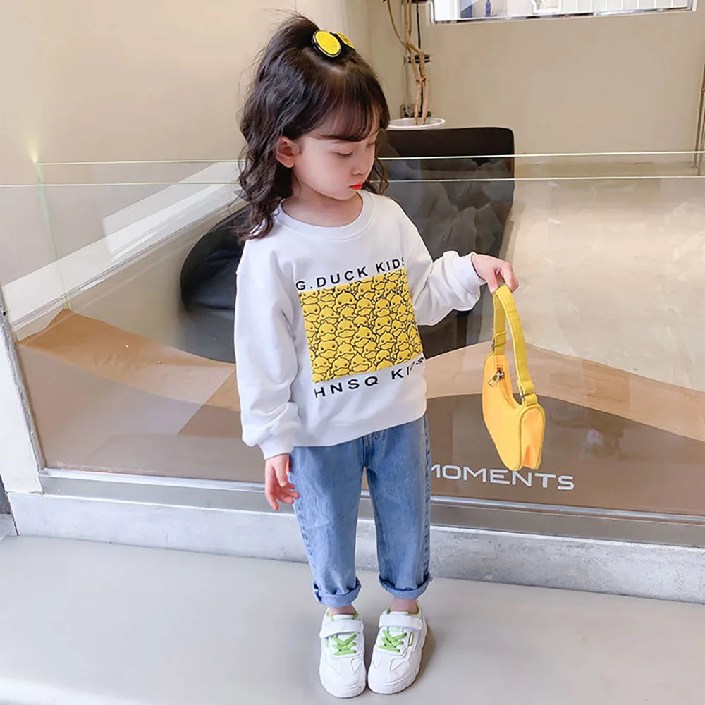 2024 New Lovely Cartoon Kids Jeans Spring Autumn Casual Elastic Waist Girls Denim Pants 2-8Years Old Children Trousers