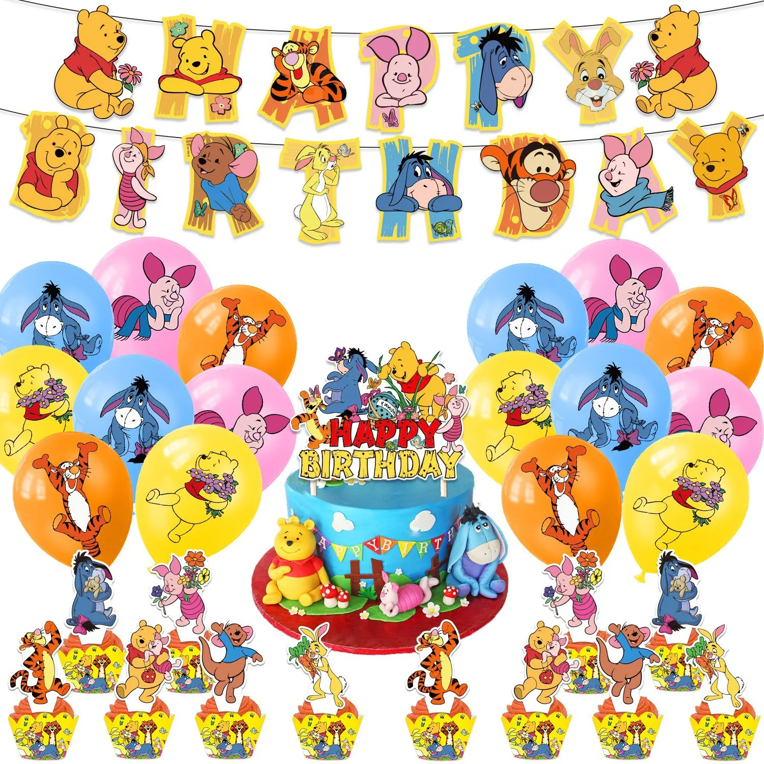 Pooh Bear Cartoon Anime Theme Set Disney League Flag Insertion Latex Balloon Props Festival Party Decoration Supplies Package