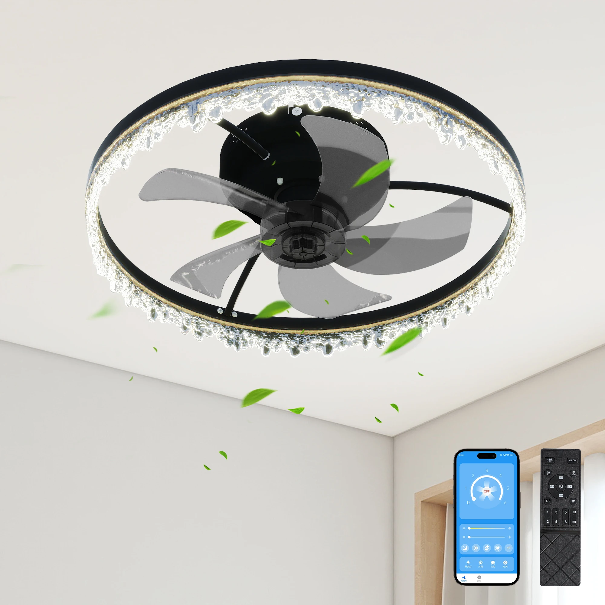 

ARLGSITE Modern LED Ceiling Fan with Crystal Edge, Remote& APP Control, Quiet, Stylish Lighting Fixture for Bedroom, Living Room