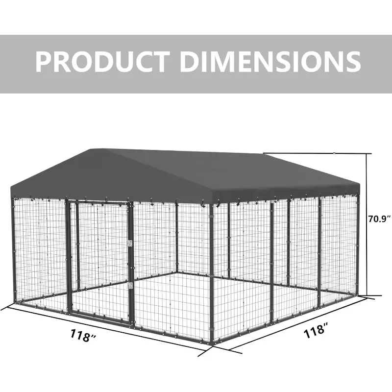 Large Dog Kennel Outdoor with Waterproof Roof Cover, Dog Cage Heavy Duty Dog Enclosures W/Upgraded Metal Mesh and Door Locks