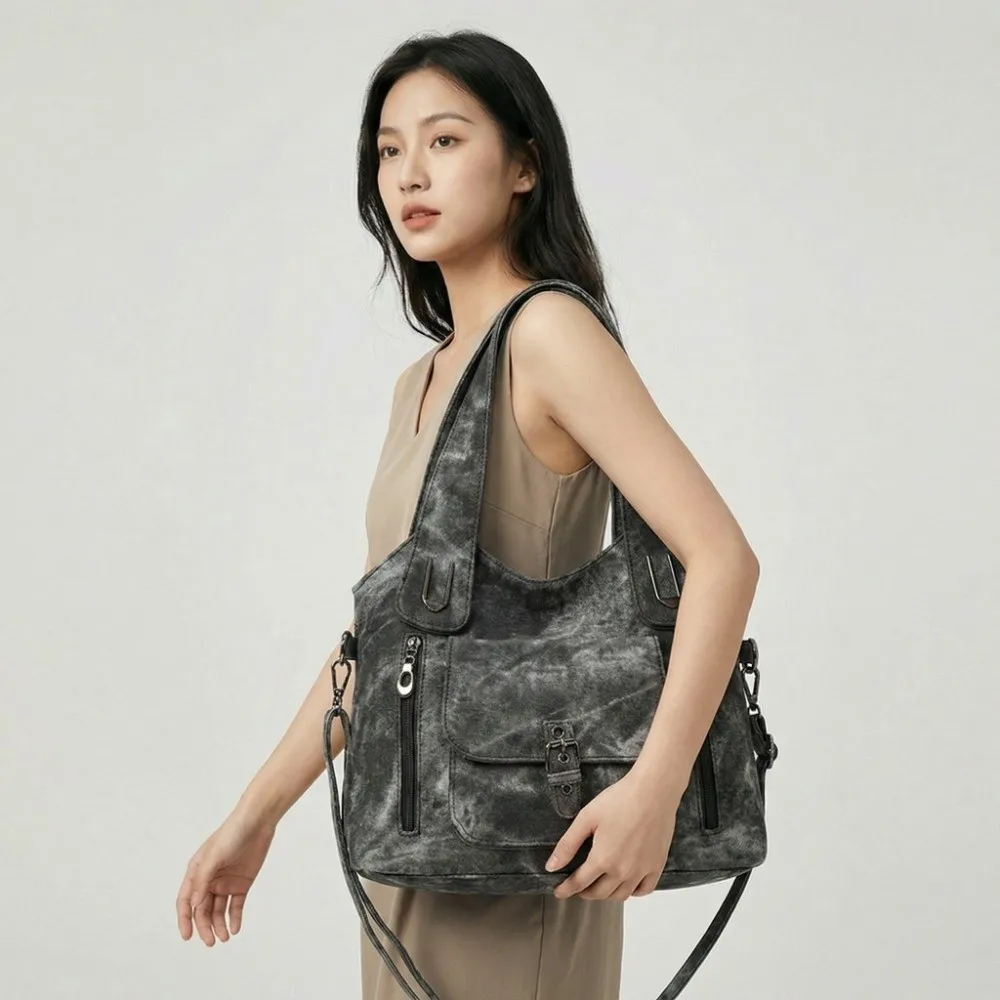 Tie-dye Handbag Retro Tote Bag Texture Leather Multi-pockets Contrast Color Shoulder Bag Classic Large Capacity