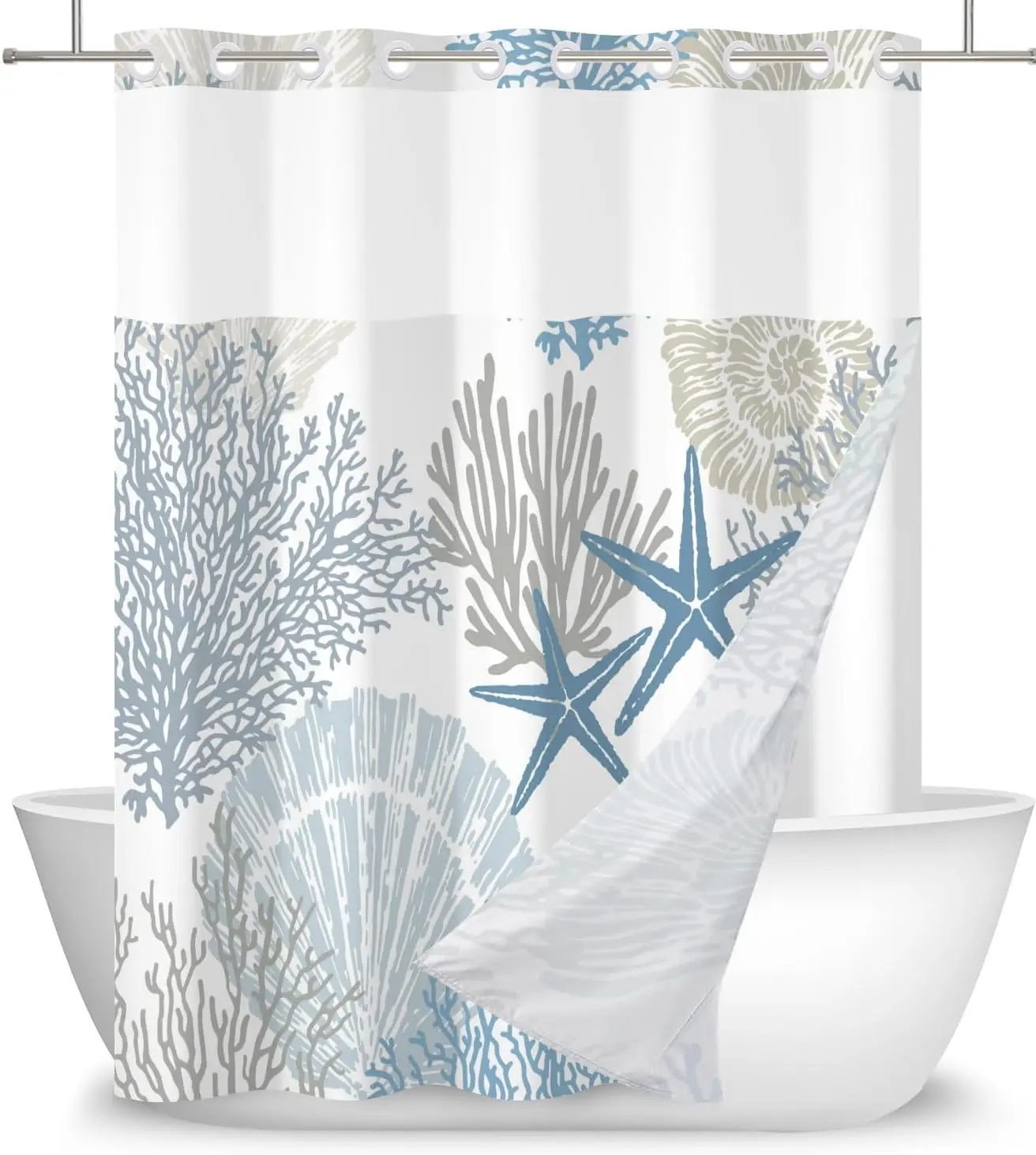 

Занавеска для душа без крючка с защелкой вкладышем, синие морские прибрежные занавески для душа для ванной комнаты, оптическая пляжная океанская звезда