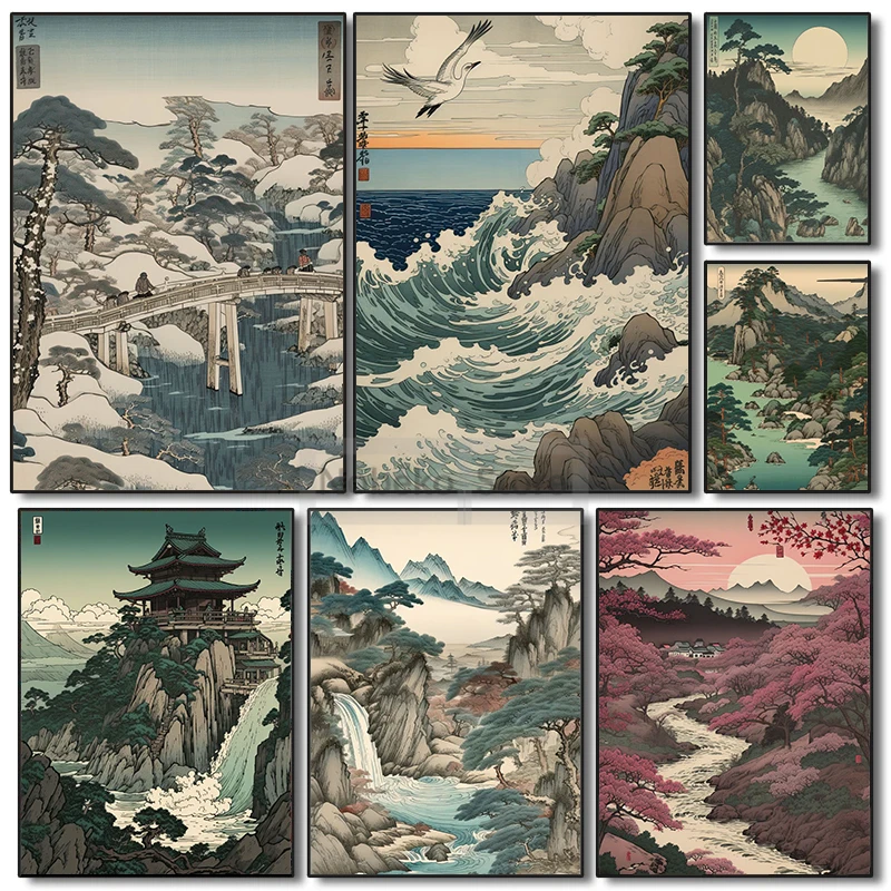 Póster e impresiones del estrecho de los montañas Ukiyoe japonés, pabellón, ríos, lagos, pintura en lienzo, imágenes artísticas de pared, decoración de la habitación del hogar