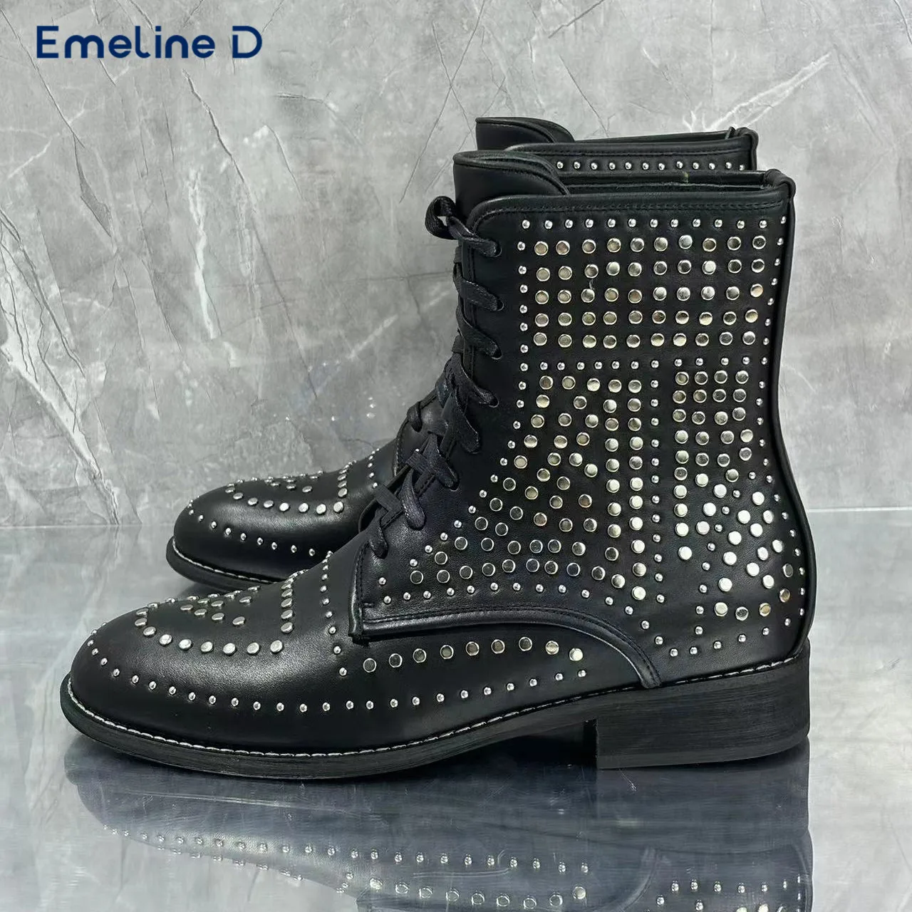 

Studded Lace-Up Black Boots High Quality Pull-On Casual Calf Boots Thick Heel Fashionable Large Size Personality Men's Boots