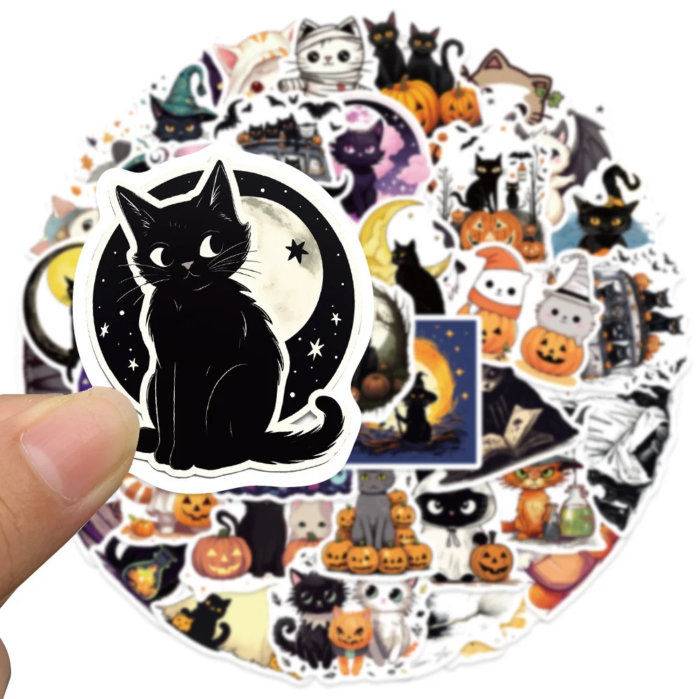 50pcs Halloween Cute Cat Stickers Pack Suitcase Ipad Phone Laptop DIY Sticker Vintage Journaling Materials Journal Accessories