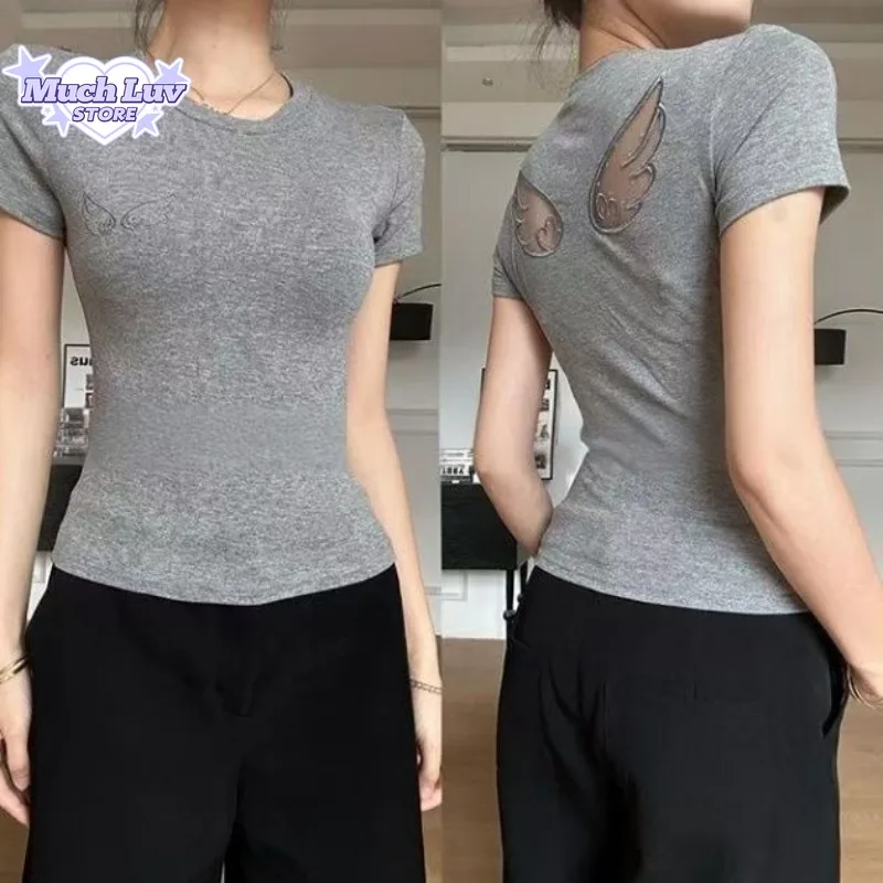 Hot Girl Sexy Hollow Out Wing T-shirt for Women Sweet Slim Fit T-shirt Summer Fashion Casual Comfy Vest Top 2000s Clothes Y2k