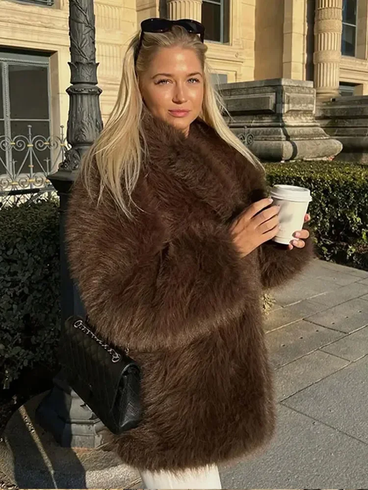 Brown Women Faux Fur Coat Vintage Loose Long Sleeve Fluffy Short Coats 2024 Autumn Winter Female Elegant Street Commuter Outwear