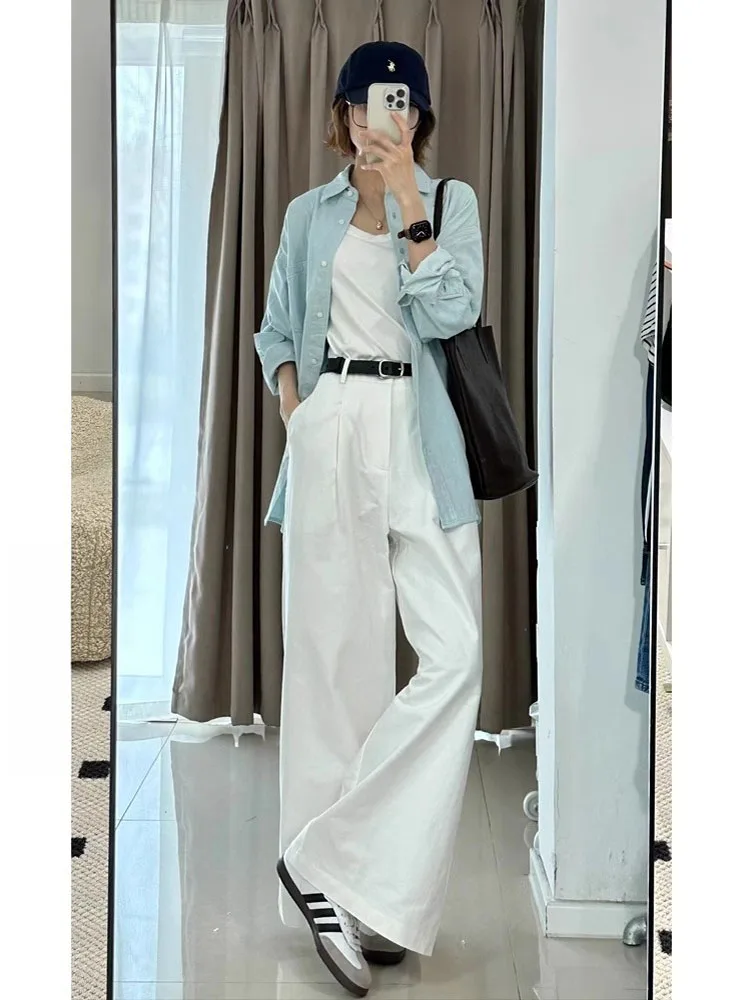 جينز أبيض واسع الساق من قماش الدنيم للنساء عالي الخصر فضفاض للتخسيس ثنى كسول بطول الأرض سروال كاجوال مستقيم #5