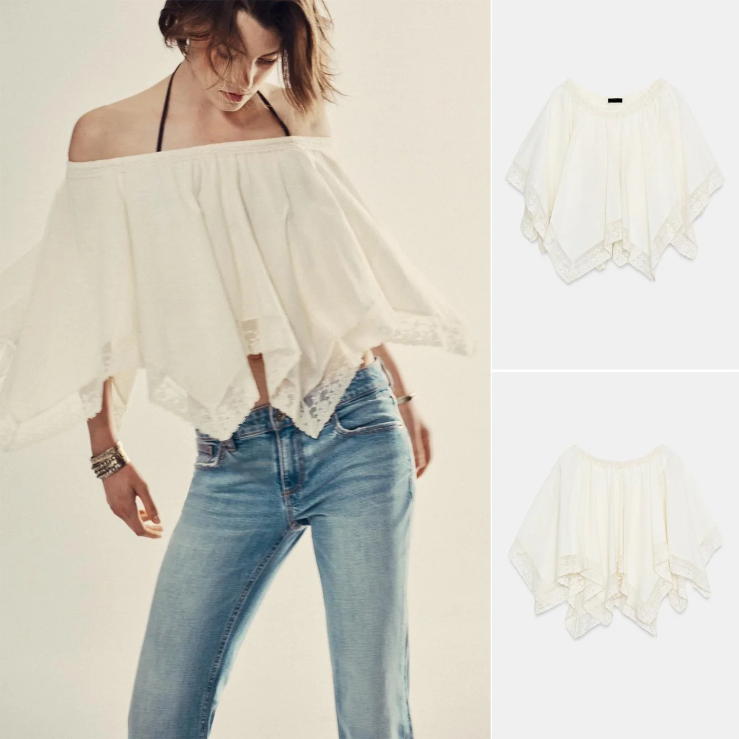 

Summer New Women's Asymmetric Hem One-Shoulder Lace Short-Sleeve Shirt Loose Fit Button Design Polyester Fiber Decorative
