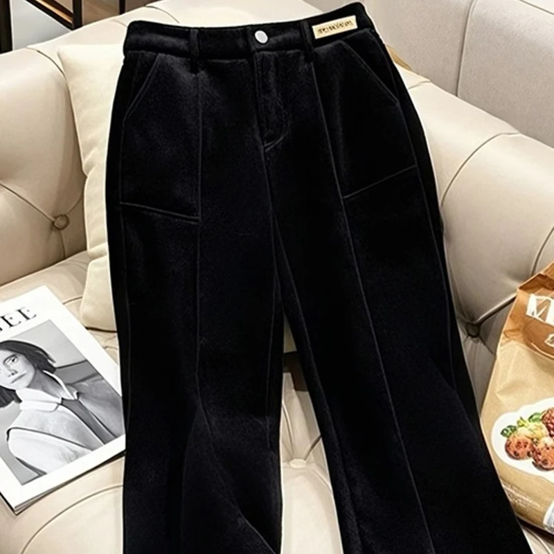 Black Velvet Warm Casual Pants for Women Autumn Winter European New Style Wide Leg Pants Loose Lazy Style High End Pants