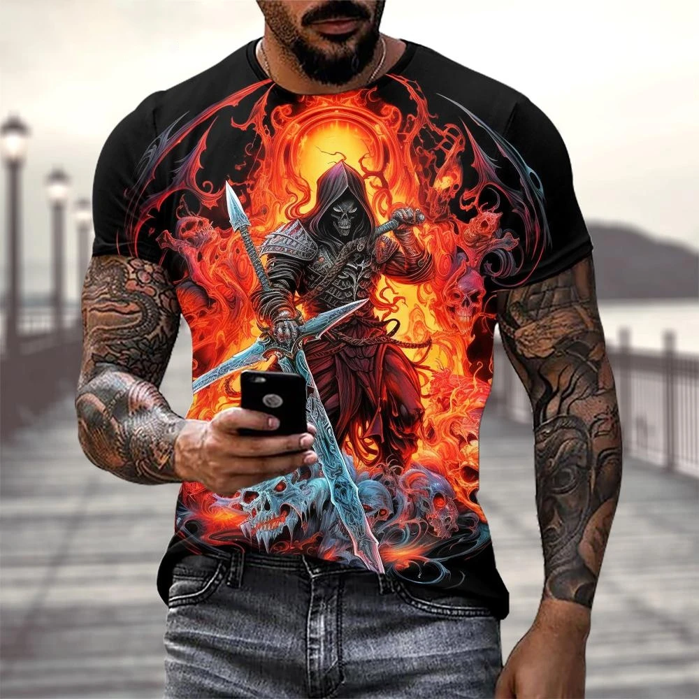 Men\'s Horror Skull Print T-Shirt 3D Print Vintage O-Neck Short Sleeve Fashion Oversized T-Shirts Men\'s Summer Street Clothing