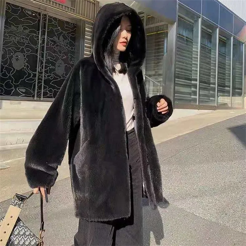 High Quality Imitation Fur Mink Coat Women's New Medium Long Artificial Wool Korean Hooded Loose Lazy Style Fashion Girl Jacket