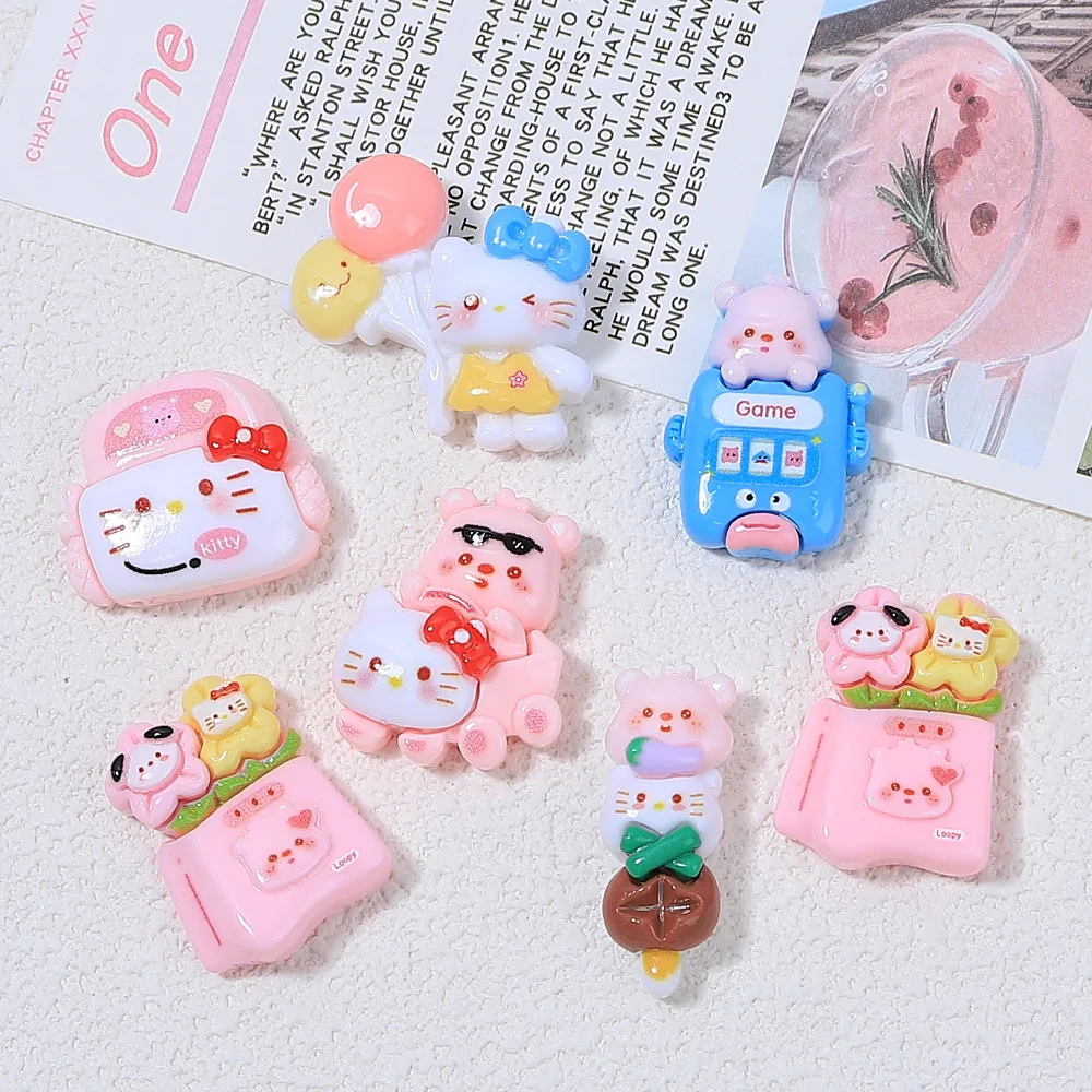 6Pcs New Mini Kawaii cartoon Bow tie car balloon cat Series Flat Bottom Scrapbook  DIY Jewelry Making Hairwear Accessorie A32