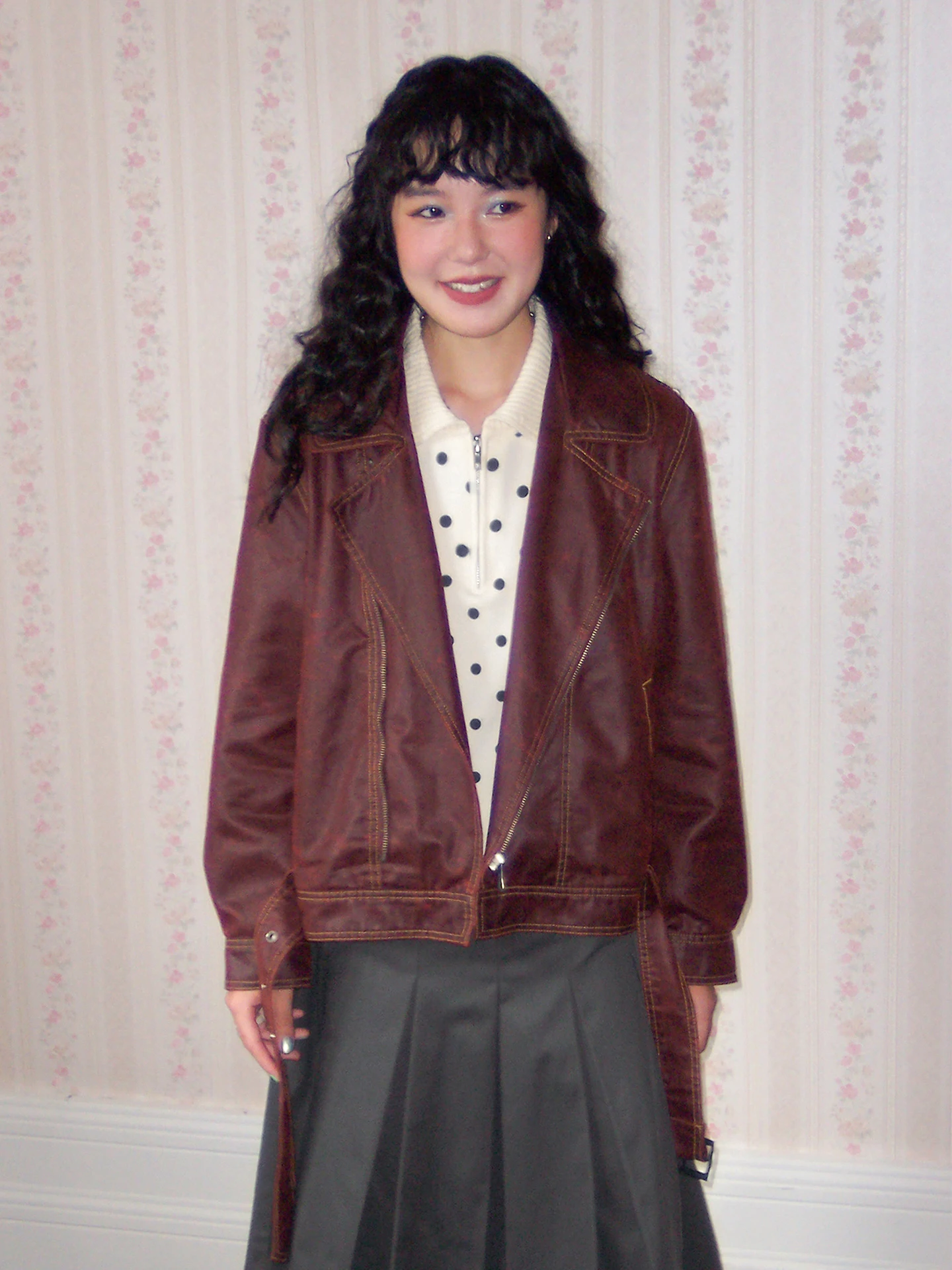 Chemical Girl ort Red Collar Jaet Top in pelle da donna, capospalla, nuovo stile casual, vestibilità ampia, manica lunga