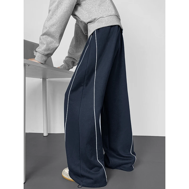 2026 Autumn Men American Drawstring Waist Stitch Line Spliced Sweatpants Baggy Drape Wide Leg Casual Trousers Streetwear