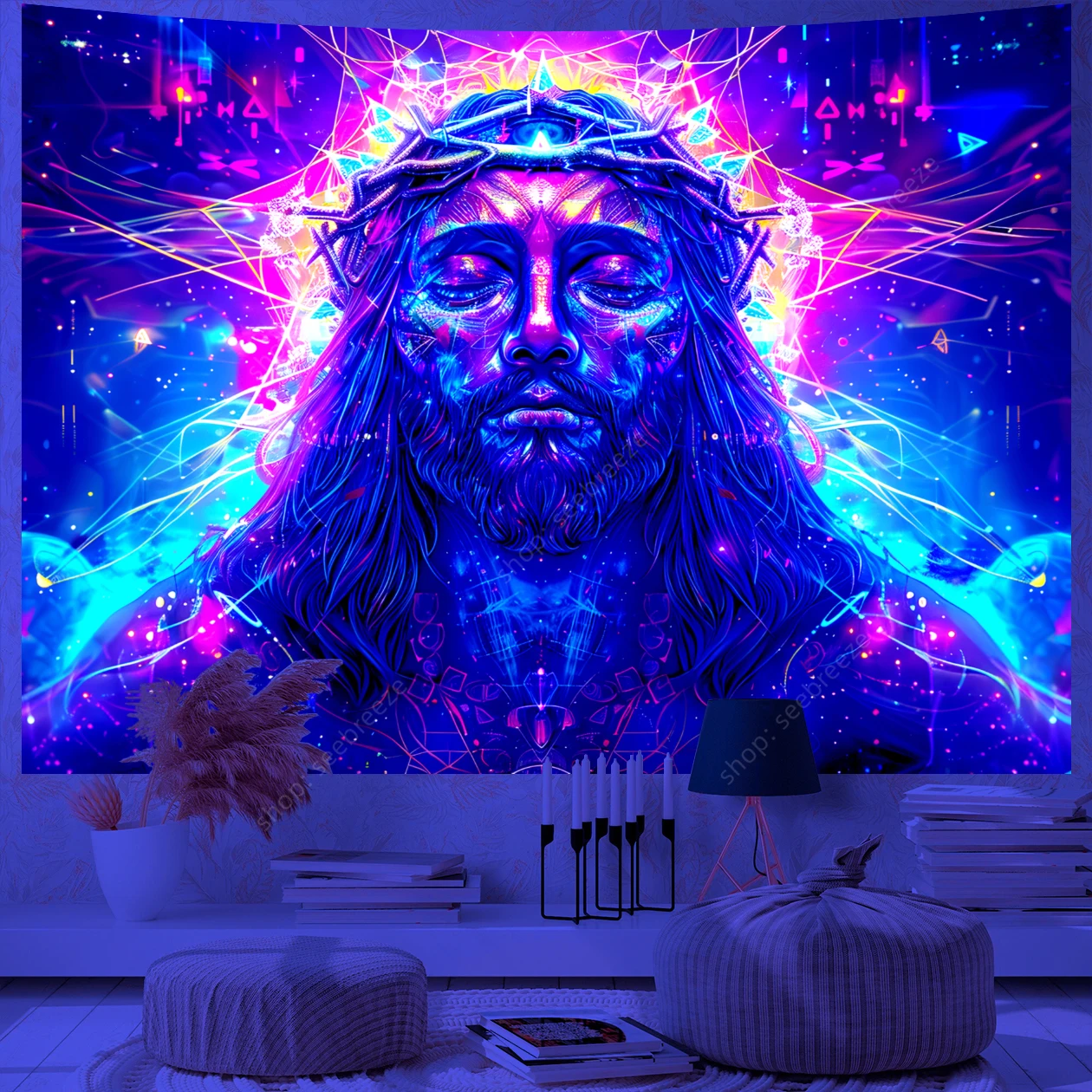 Psychedelic Wizard UV Reactive Tapestry Magic Eyes Neon Universe Starry Tapestry Wall Hanging for Room Decor Witchcraft Supplies