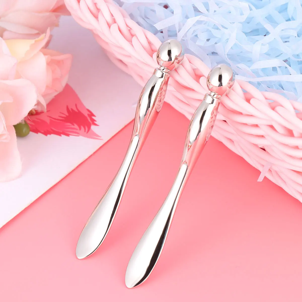 2 stuks oogmassage stok draagbaar huidverzorgingshulpmiddel voor oogcrème absorptie metalen masker lepel gezichtsroller dames zilver