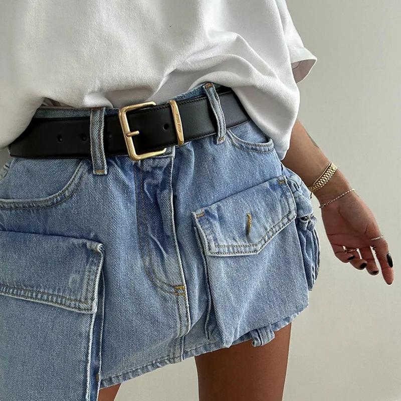 

Fashion Women Multi Pockets Denim Cargo Skirts Denim Blue High Waist Mini Skirts Streetwear Lady Summer Slim Fitting Skirts