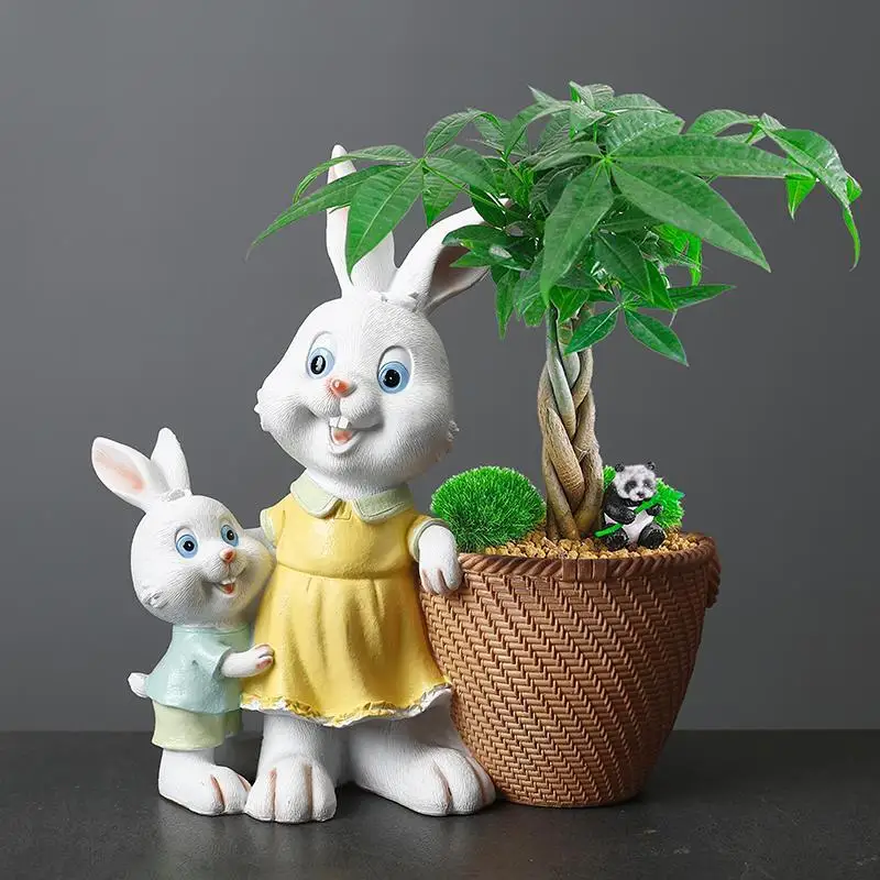 Cartoon Animal Creative Cute Rabbit Green Plant Flowerpot Resin Craft Home Table Sculpture Courtyard Garden Figurines Decoration