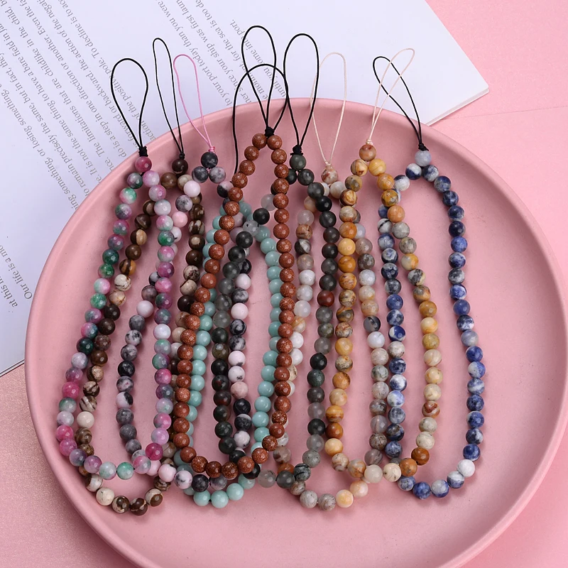 Natural Stone Beaded Cord Lanyard Telephone Straps Yolk Stone Tourmaline Beads For Women Mobile Phone Chain Jewelry Accessories