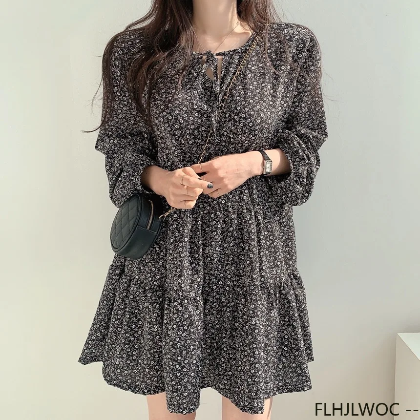 Village filles Chic féminin robes femmes manches longues mignon doux japon Style Date imprimé fleuri Vintage rétro coréen robe