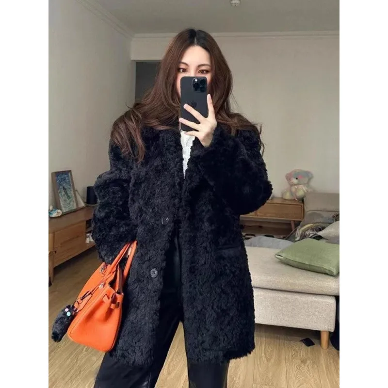 

Модная черная женская зимняя верхняя одежда из искусственного меха, однобортная куртка из искусственного меха из овечьей шерсти для женщин, женская эко-пуховая куртка