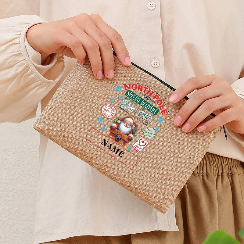 

Персонализированная рождественская льняная косметичка, льняная косметичка на заказ, рождественское украшение в стиле Санта-Клауса, подарок