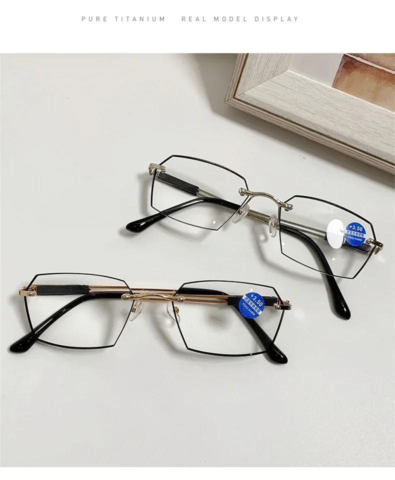 Randlose Lesebrille für Damen, Anti-Blaulicht-Schnittkante, mittleres Alter und ältere Menschen, modische Brillen für Herren – Detail 2