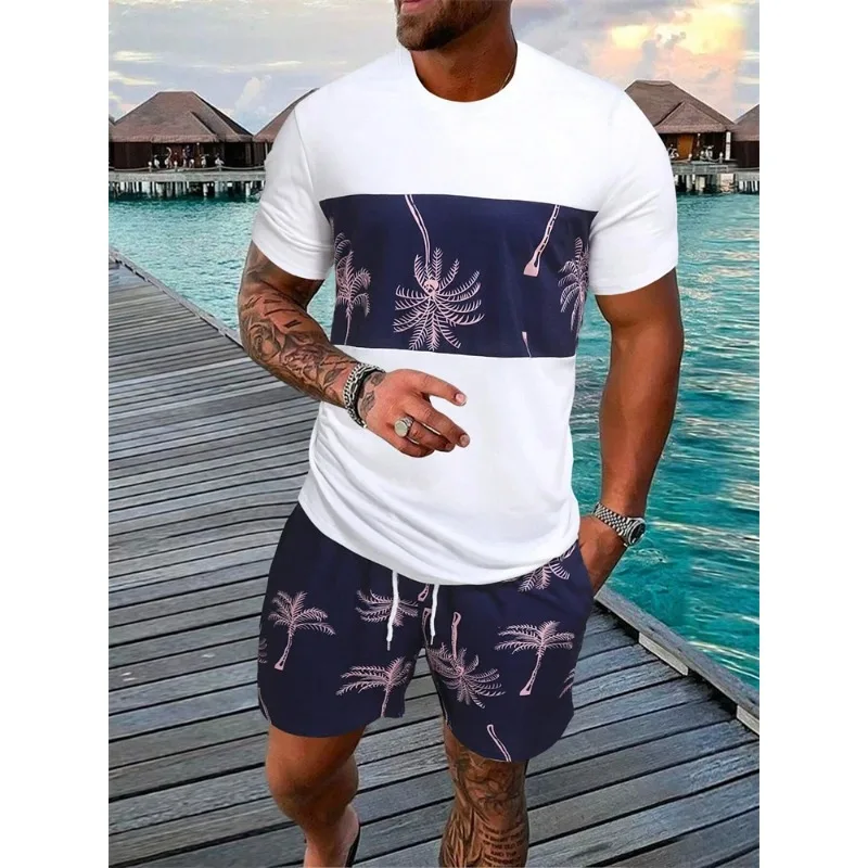 2025 Fashion Summer 3D Hawaiian Coconut Printed Men's Set Street T-shirt Shorts Two Piece Set Short Sleeve Breathable Sportswear