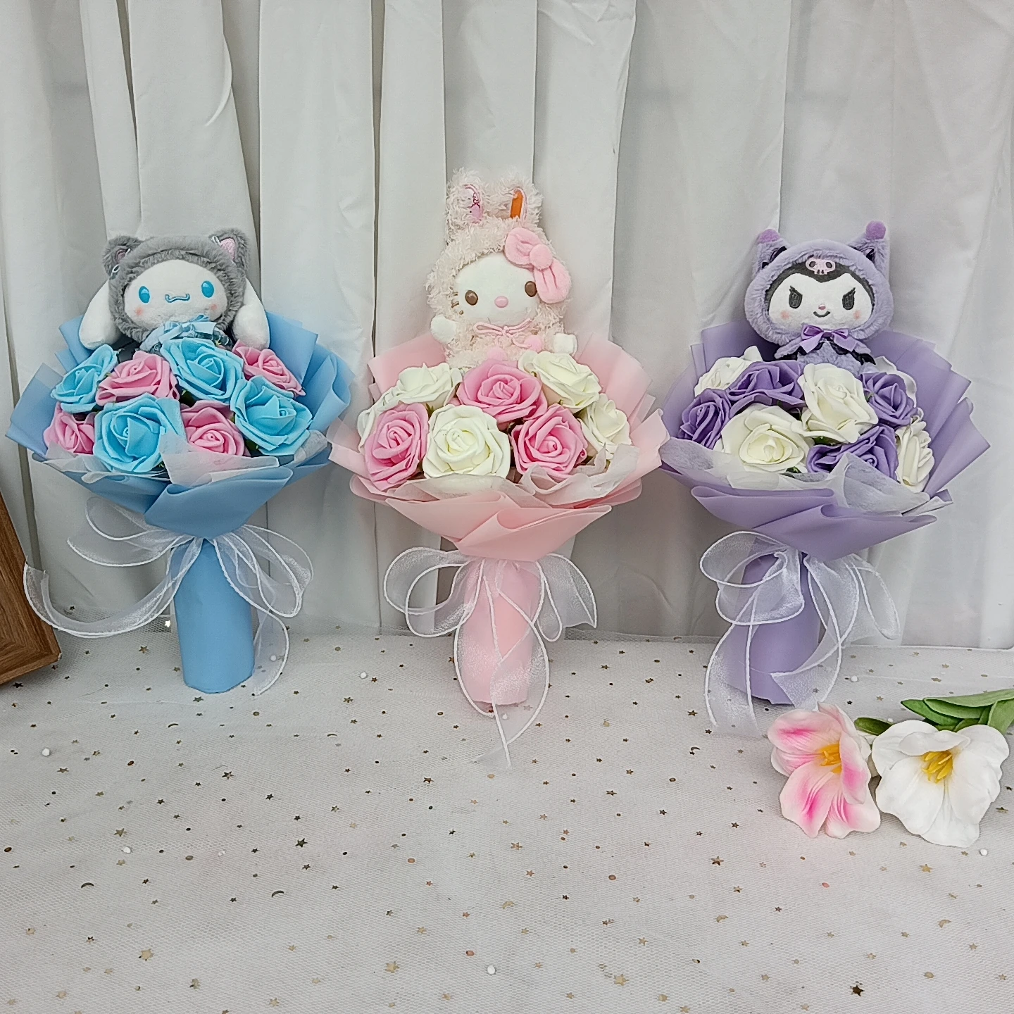 MINISO Kuromi Hello Kitty Plush Bouquet with Rose Anime My Melody Cinnamoroll  Plush Doll Valentine's Day Birthday Christmas Gif