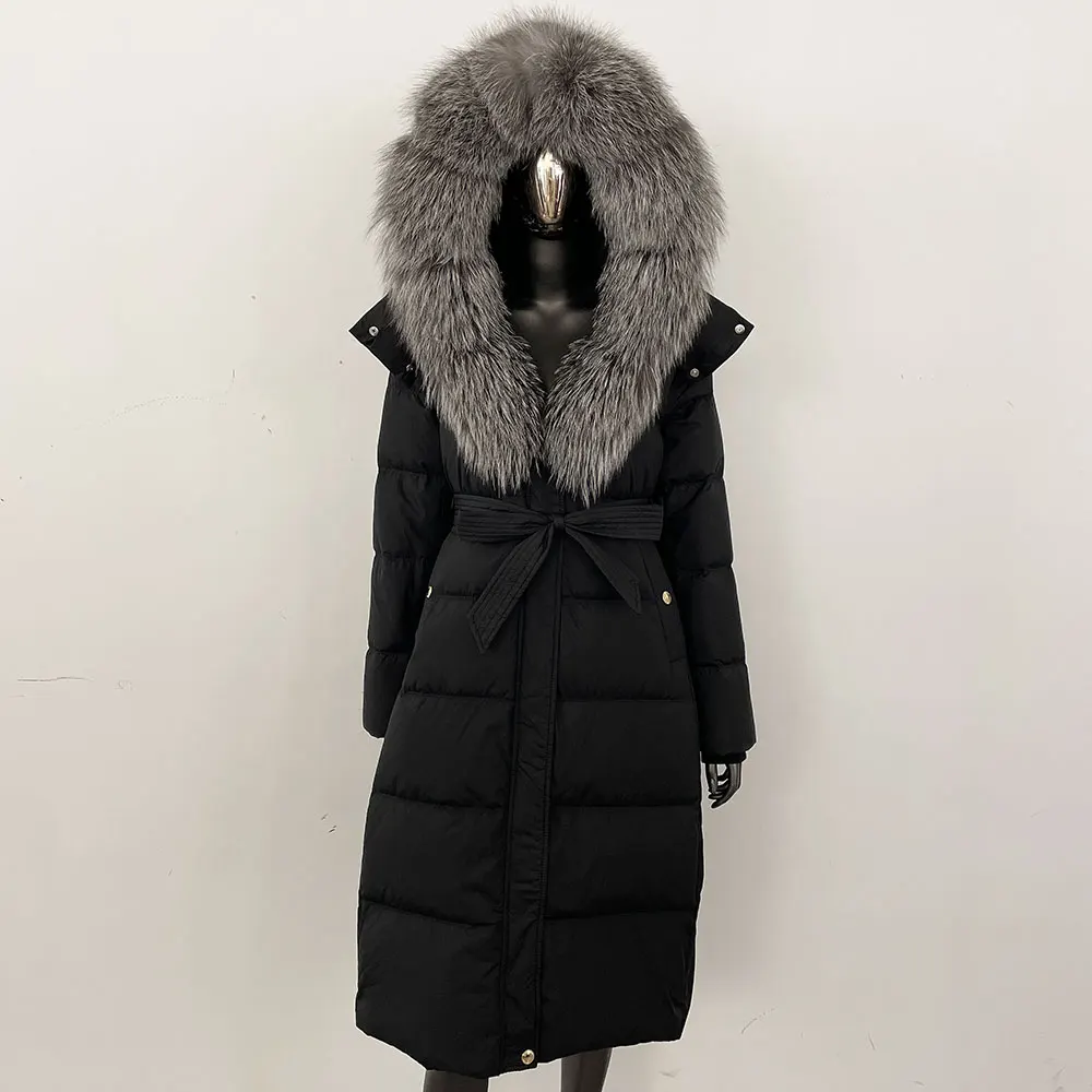 秋冬新作 レディース ロング ホワイトグースダウンコート 天然フォックスファー襟付きジャケット 女性用 ベルト付き フード付き 暖かい パファージャケット