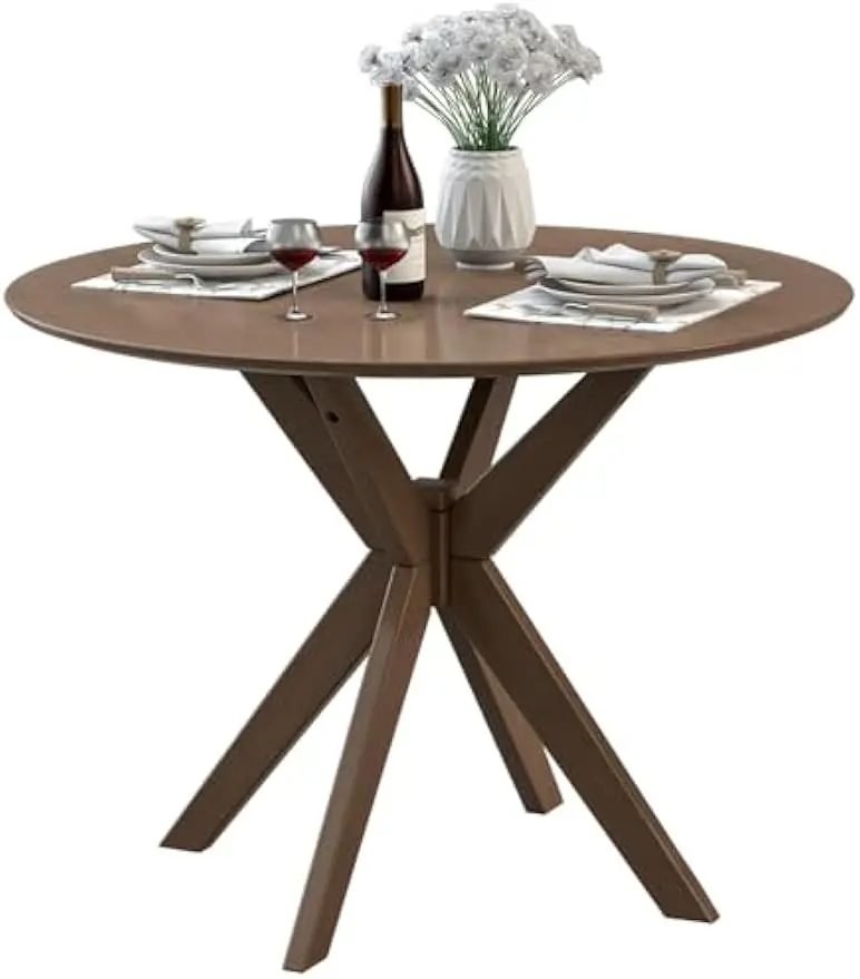 Round Dining Table for 2 to 4 Seater, Solid Wood Kitchen Table, Compact Side Table - 36 Inch Walnut Wood Tabletop