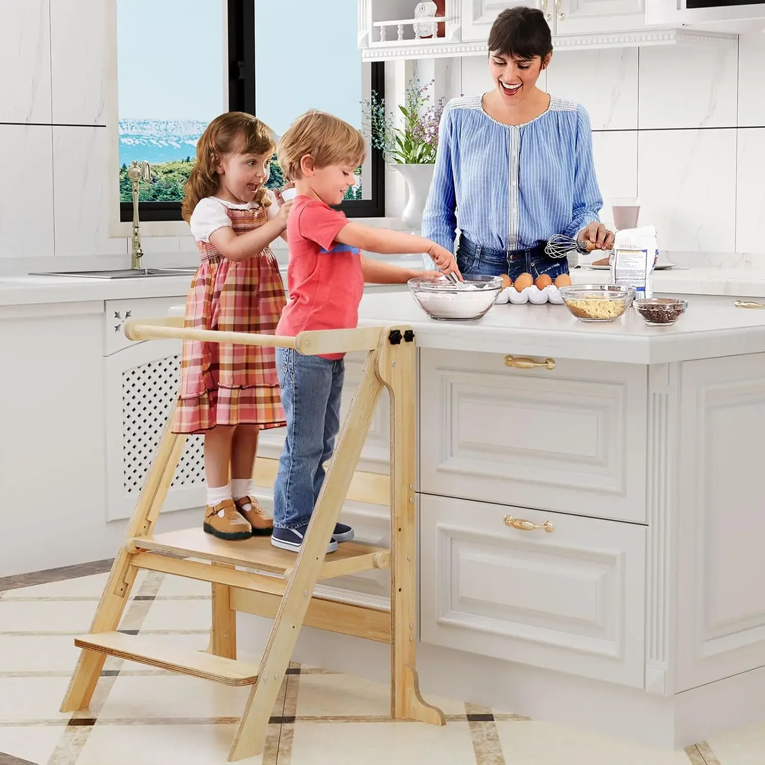 Toddler Tower for 2 Kids Foldable, Montessori Kitchen Standing Tower for Twin Toddlers 1-3, Step Stool with 3 Adjustable Heights